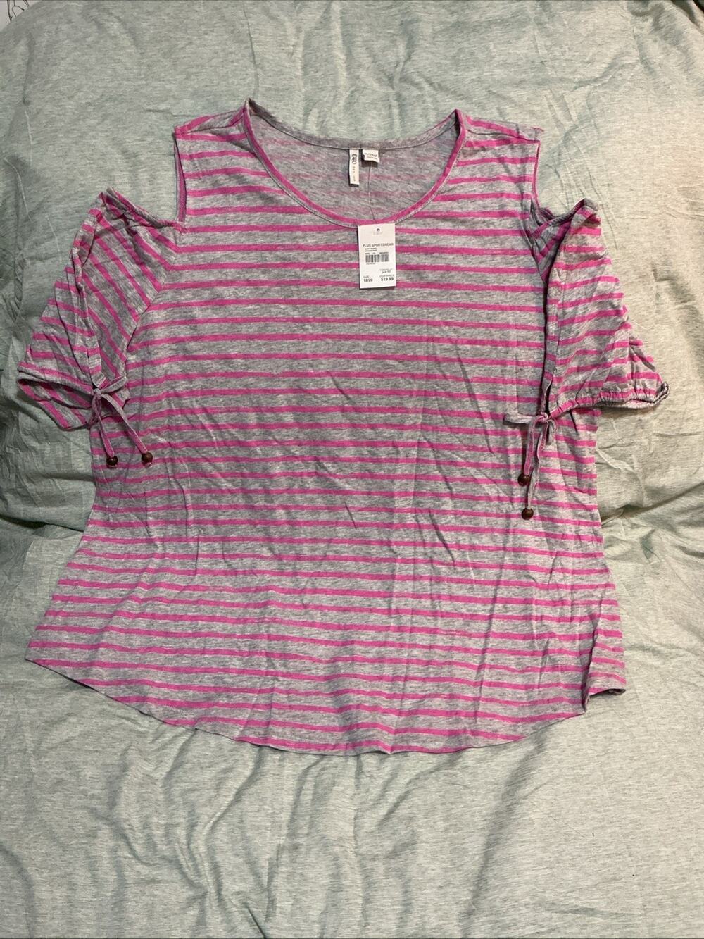 Cato Top Women's Gray Pink 18/20 Cold Shoulder Striped Cotton Tie Sleeves 3558